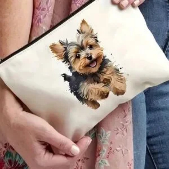 Teacup Yorkie Canvas Print Zipper Pouch Makeup Bag NIP - Picture 1 of 4